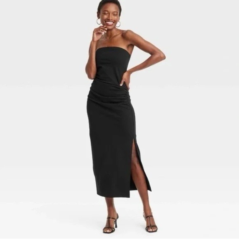 NEW A NEW DAY Black Strapless Knit Tube Dress Size XS Slit Hem Stretch Midi
